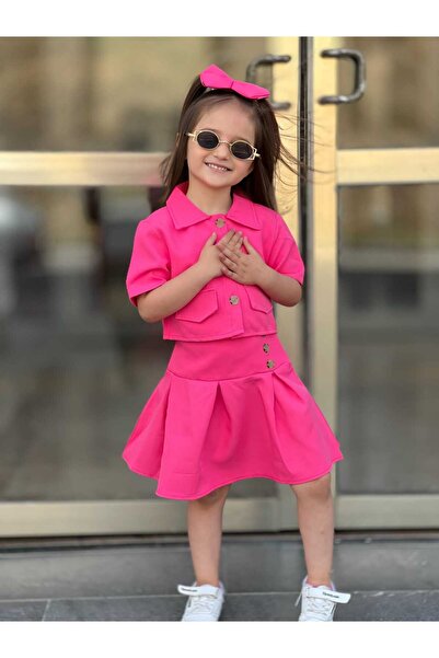 EsareModa Kız Çocuk Fuşya Ceket - Etek -içlik- Kurdela 4 Lü Şık Takım