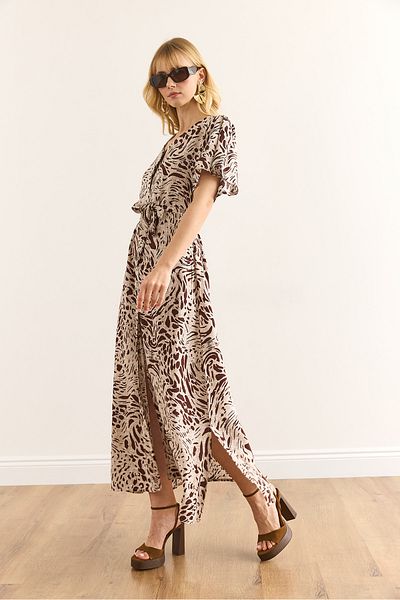 Olalook Γυναικείο φόρεμα με κουμπιά Leopard Brown Maxi Viscose πουκάμισο ELB-19002382