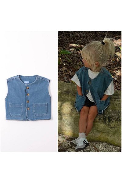 Karan Kids Unisex Denim Fabric Jeans Vest with Pocket Detail