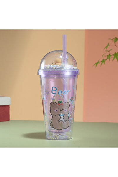 Livava Desenli Işıklı ve Pipetli Bardak, 450 ml, Boncuklu ve Kapaklı, Mor, 20x8