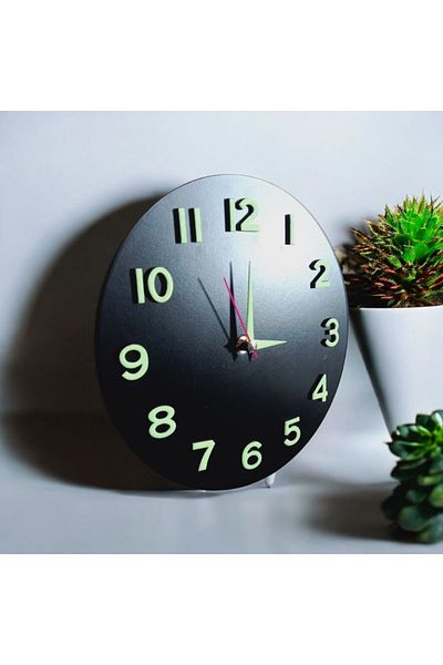 Bahat Children's Room Phosphorescent 3D Embossed Number Wooden Mini Black Wall Clock No Glass Diameter 22 cm