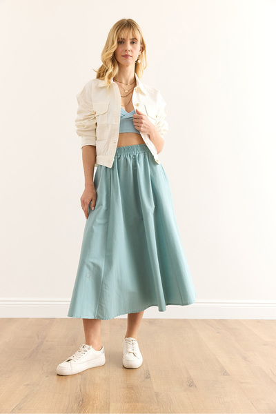 Olalook Women's Aviator Blue Pocket Elastic Waist Midi Woven Bell Skirt Etk-19000271