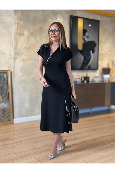 JANES Rochie midi din viscoză cu două fire, cu mâneci scurte și fermoar la gât și la fustă