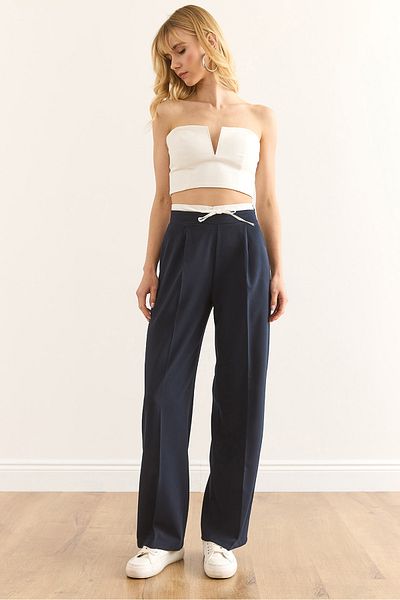 Olalook Women's Navy Blue Boxer Detailed Drawstring Pocket Palazzo Pants Pnt-19000315