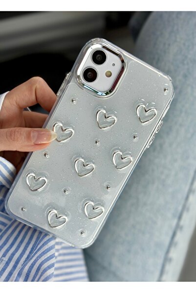 Go Aksesuar iPhone 11 Transparent Metal Heart Epoxy Silicone Case with Toy
