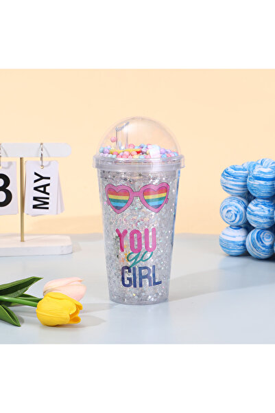 Livava Sloganlı Işıklı ve Pipetli Bardak, 450 ml, Buzlu ve Kapaklı, Beyaz, 20x8