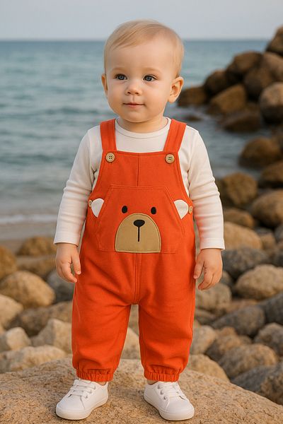 BEREKET BABY Girl's Denim Overalls with Plush Teddy Bear Pocket and Suspender – Comfortable and Fun Design