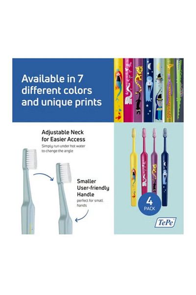 TePe Kids Toothbrush, Ages 3+/Extra Soft Brush & Fun Ornaments 4 Pack