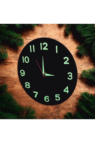 Bahat Children's Room Phosphorescent 3D Embossed Number Wooden Mini Black Wall Clock No Glass Diameter 22 cm
