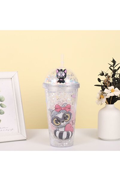 Livava Kalpli Kedi Işıklı ve Pipetli Bardak, 450 ml, Buzlu ve Kapaklı, Renkli, 20x8