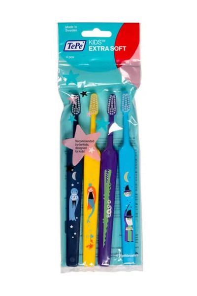 TePe Kids Toothbrush, Ages 3+/Extra Soft Brush & Fun Ornaments 4 Pack