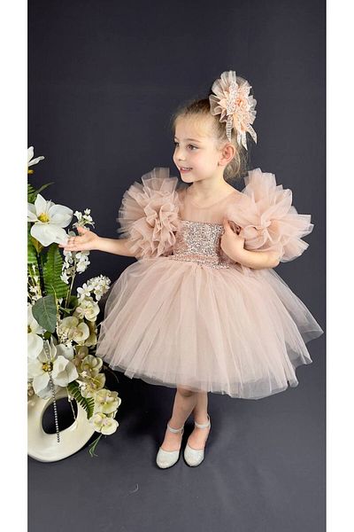 PefyBaby Pom-Pom Sequined Girl's Tutu Evening Dress, Dress, Wedding Powder