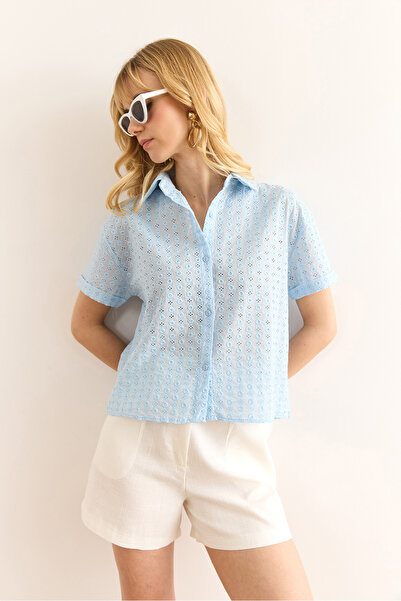 Olalook Women's Baby Blue Double Sleeve Scallop Shirt Gml-19001340