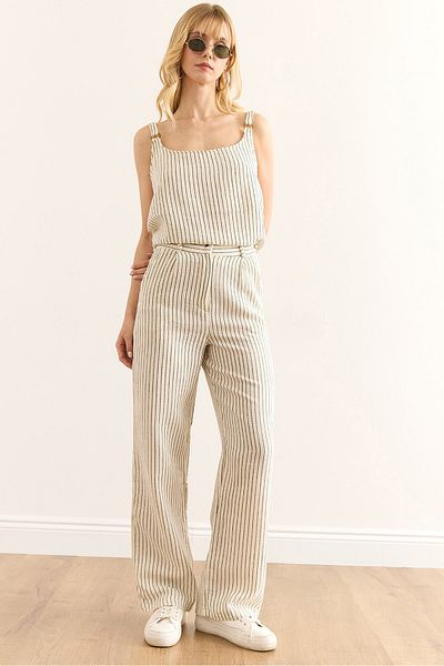 Olalook Women's Khaki Pocket Zippered Striped Muslin Trousers Pnt-19000339