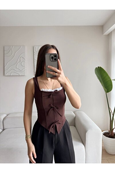 Zoom Butik Fiyonklu Garnili Bluz - KAHVE