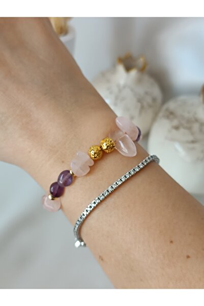 La fee aksesuar سوار الحجر الطبيعي الهيماتيت والجمشت مرن قوي مرن سوار الحجر ا...