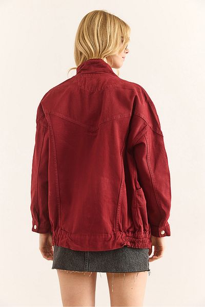 Olalook Jachetă lungă din denim pentru femei, burgundă, cu buzunar, cu fermoar, cu închidere rapidă CKT-19000258