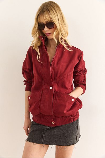Olalook Jachetă lungă din denim pentru femei, burgundă, cu buzunar, cu fermoar, cu închidere rapidă CKT-19000258