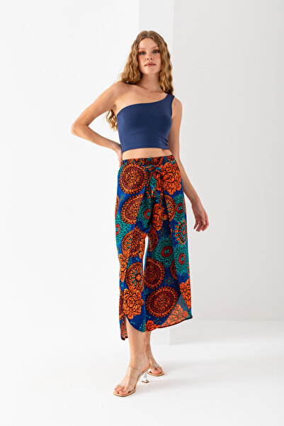 EtkiModa Women's Orange Petrol White Envelope Cover Fold Inside Shorts Viscose Woven Baggy Trousers