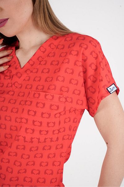 Nur Medikal Giyim Unisex Red Hearts Patterned Doctor Nurse Hospital Scrubs Top Uniform