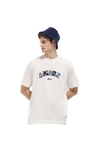 The Bear House تي شيرت رجالي أبيض اللون بتصميم مرقع من AMORE، كبير الحجم، برق...