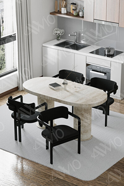 AVVİO Traverten 80X 140 Yemek Masası Mutfak Masası 4 Kişilik Masa Sandalye Ta...