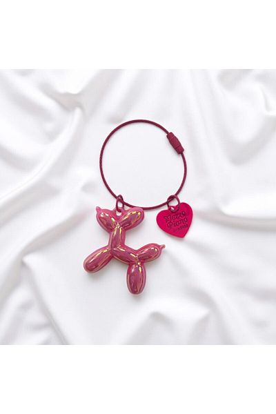 Fivy Bright Pearlescent Pink Color, Heart Detailed Balloon Dog Ring Charm, Keychain (3.5 X 4.5 cm)