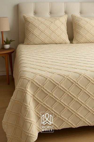 WorthWhile Vera Double Bedspread 240X260 |   Cappuccino Chenille Fabric, Diamond Pattern, Soft Textured