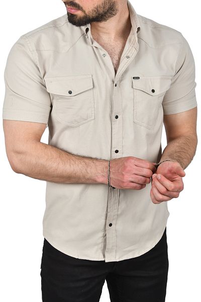 DeepSEA Ανδρικό μπεζ Slim Fit βαμβακερό κοντομάνικο πουκάμισο Lycra Αθλητικό πουκάμισο με τσέπες Easy Ironing Snap Fastener 24