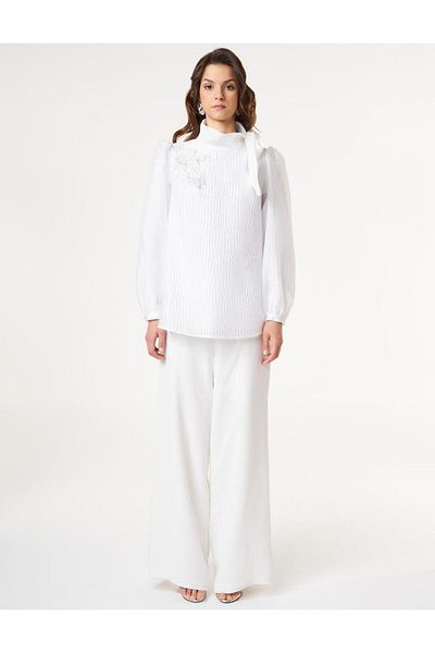 Kayra Bluză jacquard cu guler șal Optical White-10004