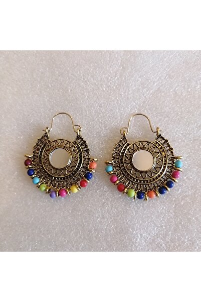 Butik Tülin Otantik el yapımı bronz çok renkli boncuklu yuvarlak aynalı küpe 4x3.8 cm Hint Malı