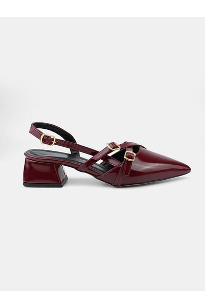 MAGGIO Burgundy Back and Side Open Pointed Toe Short Heel Daily Ballerina Women's Heeled Shoes