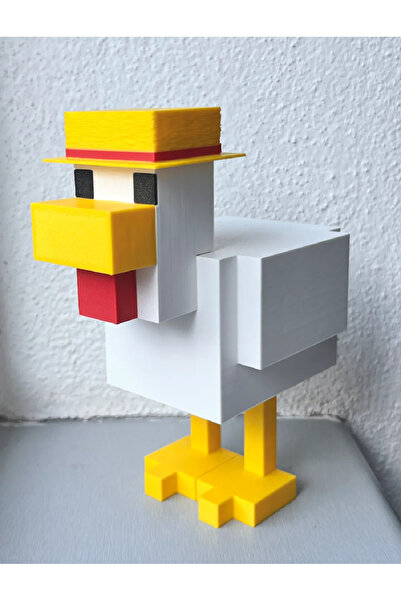 Genel Markalar Minecraft Tavuk Figürü (15 cm) – Piksel Stil Dekor & Masaüstü Aksesuar + Şapka Dahil