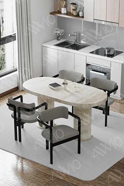 AVVİO Traverten 80X 140 Yemek Masası Mutfak Masası 4 Kişilik Masa Sandalye Ta...
