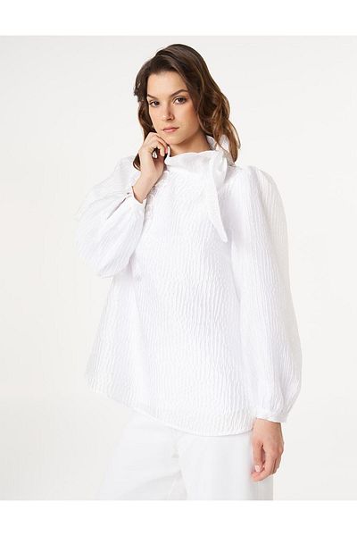 Kayra Bluză jacquard cu guler șal Optical White-10004