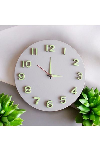 Bahat Children's Room Phosphorescent 3D Embossed Number Wooden Mini White Wall Clock No Glass Diameter 22 cm
