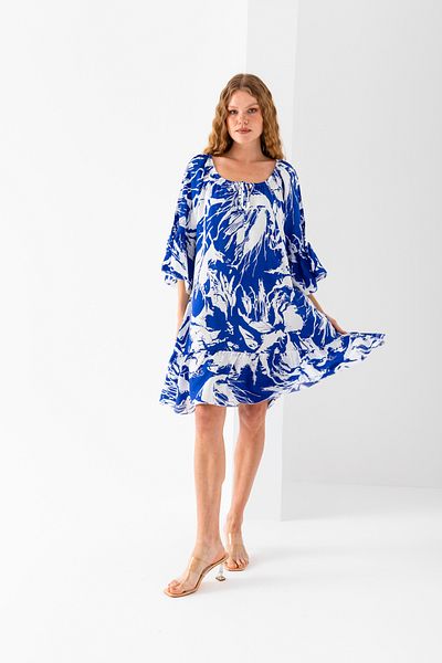 EtkiModa Women's Blue White Wide Lace Collar Skirt Ruffled Viscose Woven Dress