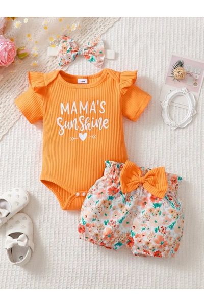 Superbaby Set "Mama's sunshine" – Body, pantaloni scurti si bentita