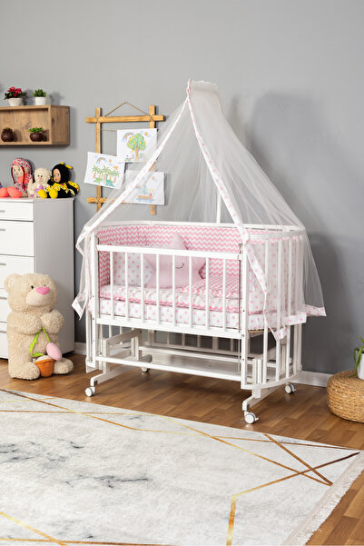 Bamgidoo Ahşap Anne Yanı Bebek Beşik Modelleri Beyaz 60x120 Pembe Yıldız Uyku Seti Yatak Tekerlekli
