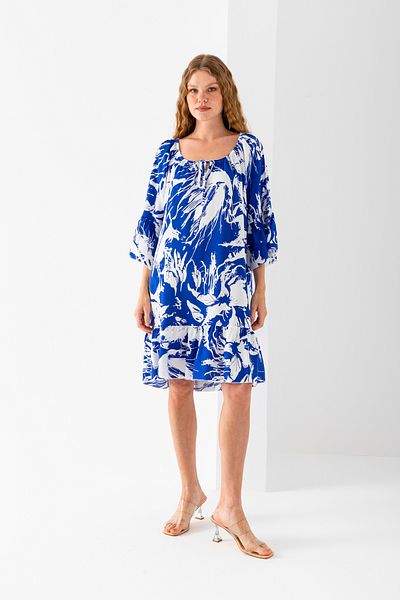 EtkiModa Women's Blue White Wide Lace Collar Skirt Ruffled Viscose Woven Dress