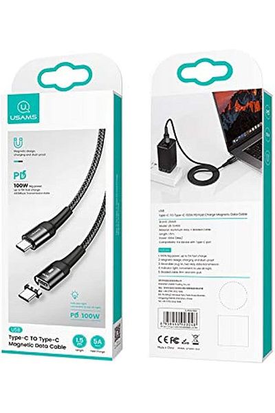 Usams كابل مغناطيسي للشحن السريع ونقل البيانات، من USB-C إلى USB-C، 100 واط، 1.5 متر - USAMS