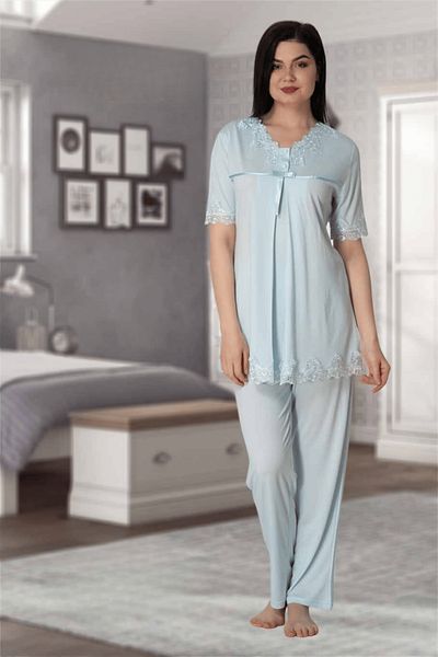 BLACKMORE Set de pijamale de maternitate pentru femei, cu design din dantelă albastră, lungime întreagă