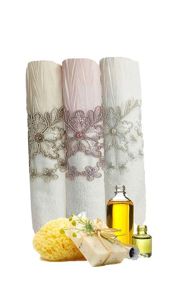 Mira Home Σετ 3 Πετσέτες Τούλι Δαντέλα Κεντημένες Χάντρες 50Χ90 Εκ.