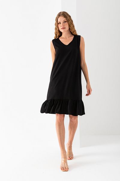 EtkiModa Women's Black Skirt Ruffled Sleeveless V-Neck Viscose Woven Dress
