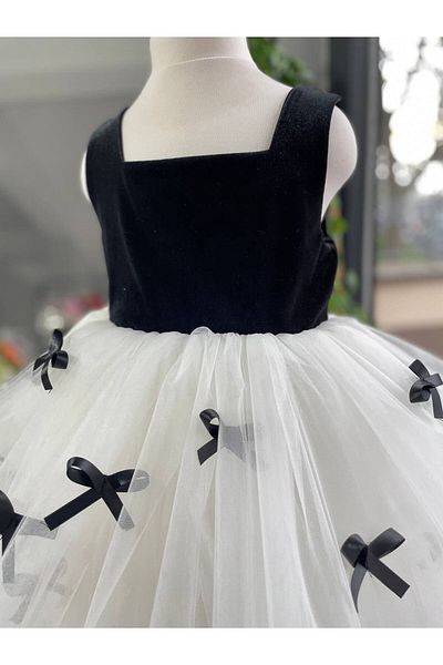 Sare Çocuk Giyim Princess Girl's Black Bow Detailed Velvet Cream Tutu Design Dress + Buckle