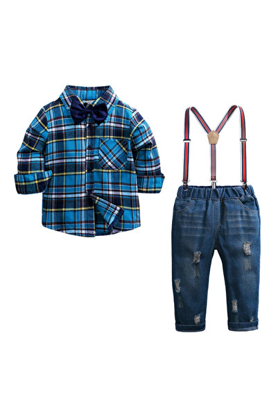 Superbaby Μπλε καρό πουκάμισο και τζιν κοστούμι
