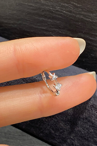 La femme by begum Taşsız Denizyıldızı Ve Yuvarlak Beyaz Tektaş Silver Gümüş Halka Piercing,helix,tragus,Kıkırdak Küpe