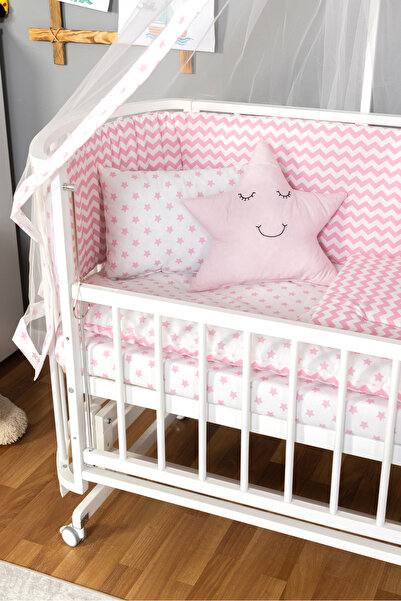 Bamgidoo Ahşap Anne Yanı Bebek Beşik Modelleri Beyaz 60x120 Pembe Yıldız Uyku Seti Yatak Tekerlekli