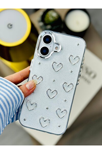 Go Aksesuar Iphone 16 Uyumlu 3D Metal Kalp Tasarımlı Epoksili Oyuncaklı Silik...