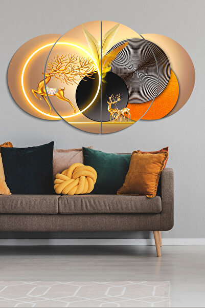 Evinemoda Gold Geyik Geometrik Desenler 4 Parça Mdf Tablo